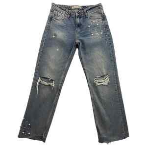 Zara Basic Z1975 Jeans Womens Size 4 Blue Pearls Frayed Raw Hem Distressed Denim